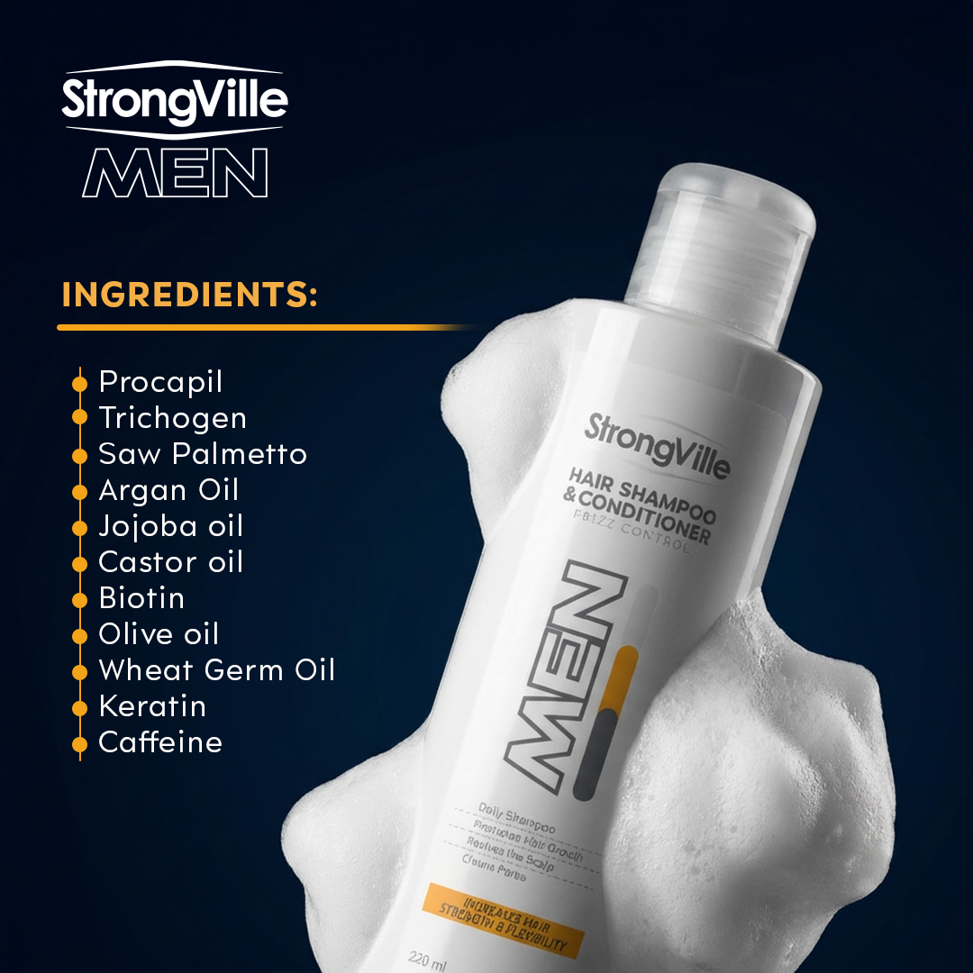 StrongVille Men's hair shampoo and conditioner bottle with ingredients listed