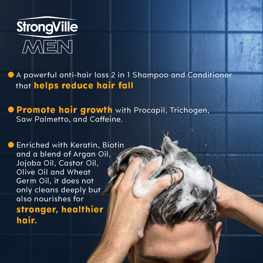 Person applying shampoo with StrongVille MEN product description