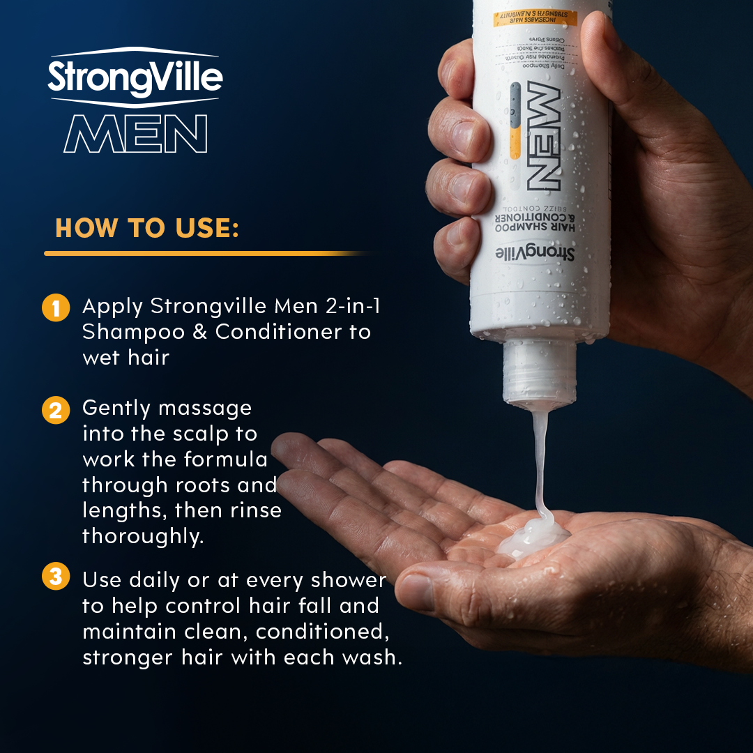 Strongville Men 2-in-1 Shampoo & Conditioner bottle with instructions on how to use it.