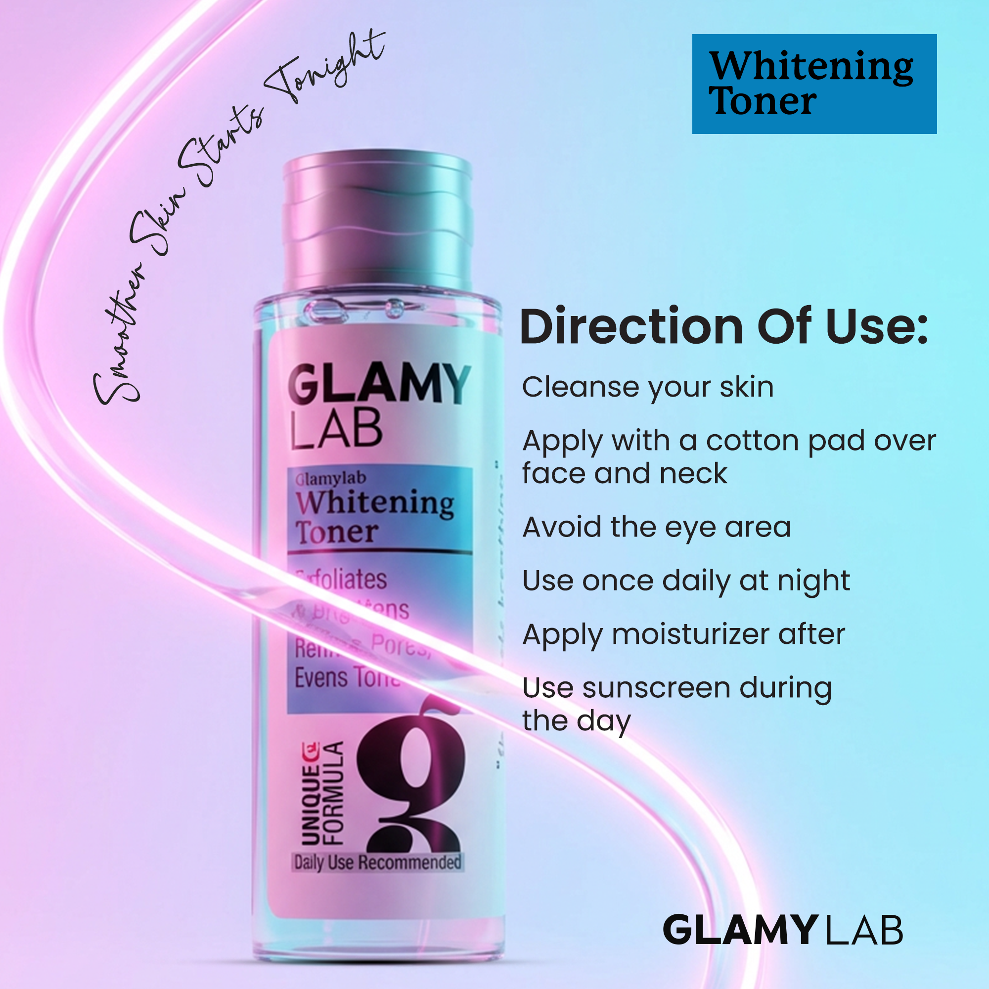 GLAMY LAB Whitening Toner bottle with usage instructions