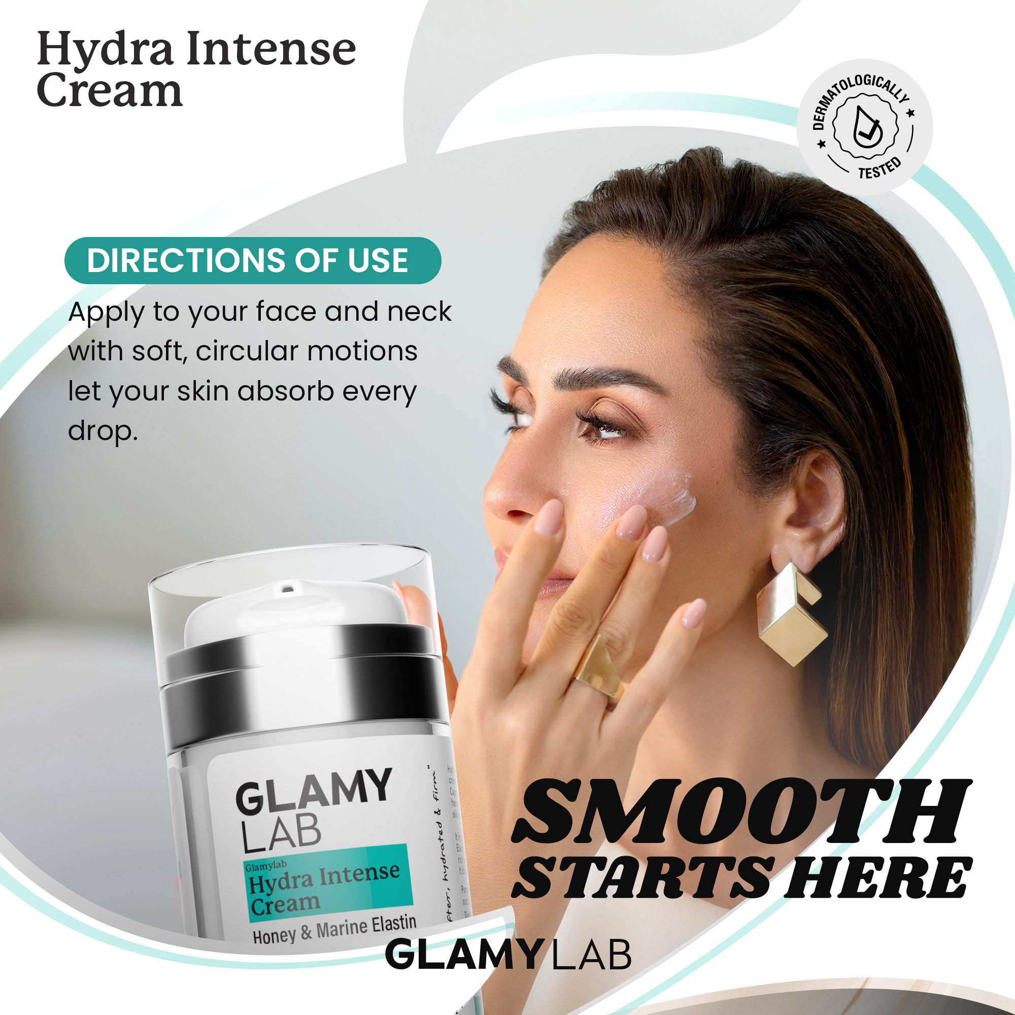 GLAMY LAB Hydra Intense Cream with a woman applying the cream to her face.