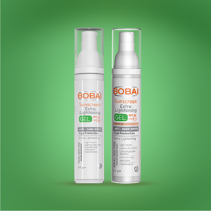 Two bottles of BOBAI sunscreen including bobai sunscreen extra lighting gel, and extra lighting tinted gel.
