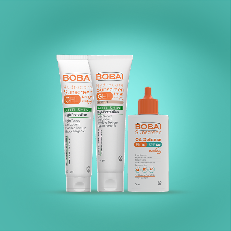Bobai skincare products including Bobai hydrocare sunscreen gel spf 50+, Bobai hydrocare sunscreen tinted gel spf 50+ , Bobai oil defense