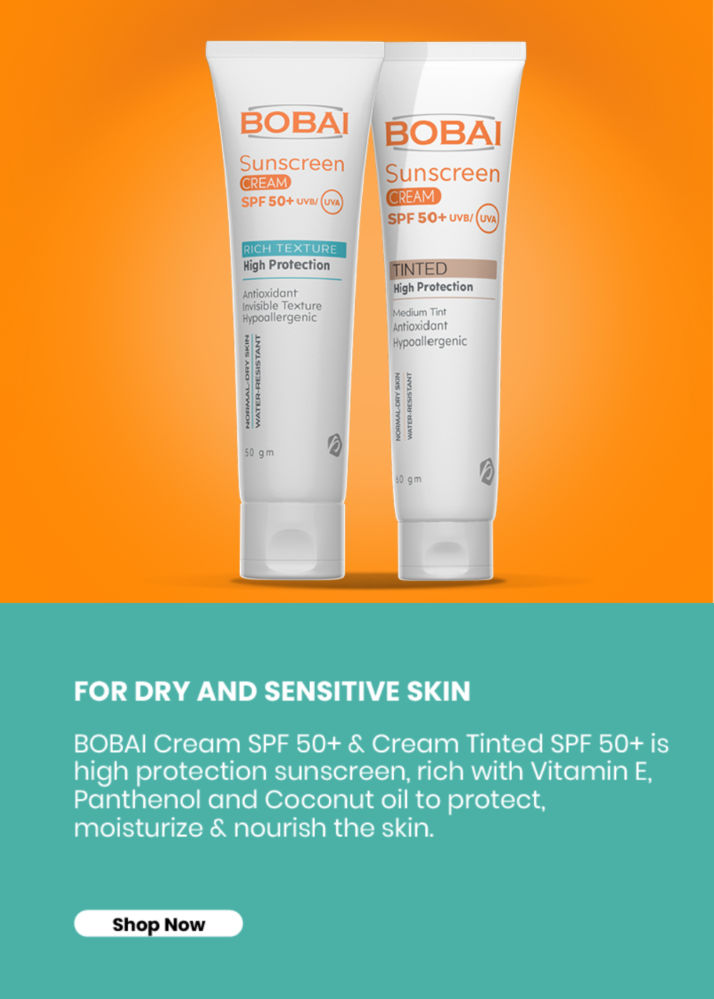 Two products of Bobai Sunscreen including Bobai Sunscreen cream tinted, and Bobai Sunscreen cream with product details.