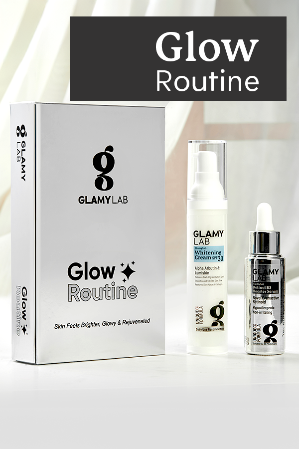 Glamylab skincare products with 'Glow Routine' packaging