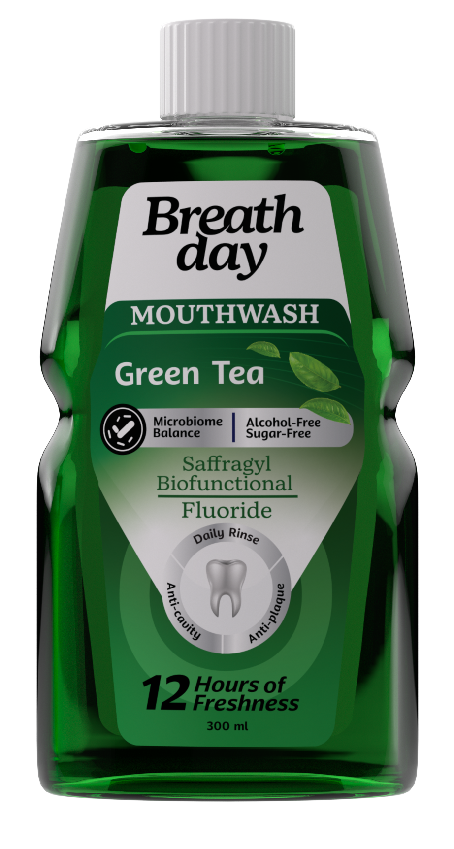 Green bottle of Breath Day mouthwash with green tea flavor
