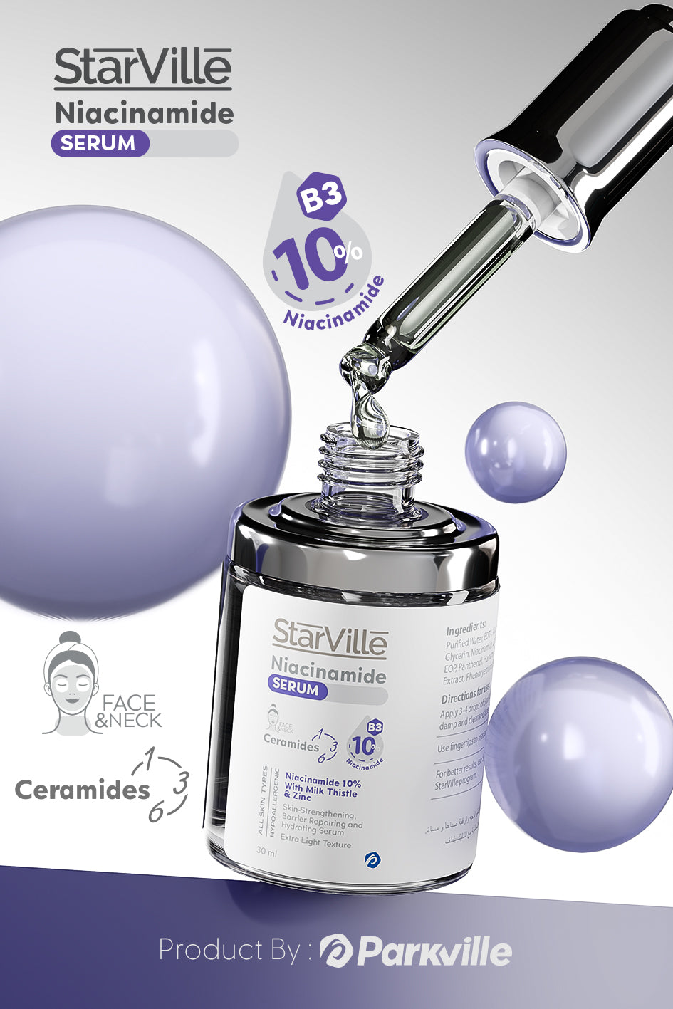 StarVille Niacinamide Serum with dropper and product details