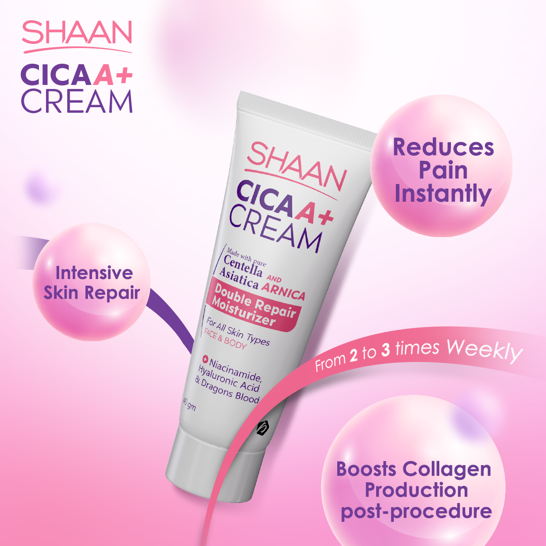Shaan CICA A+ Cream tube on a pink background with text highlighting benefits