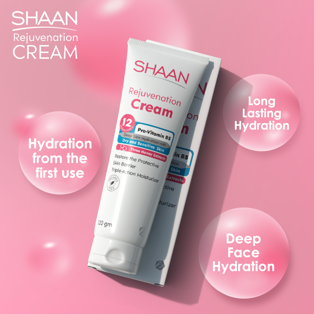 Shaan Rejuvenation Cream packaging with text highlighting features.