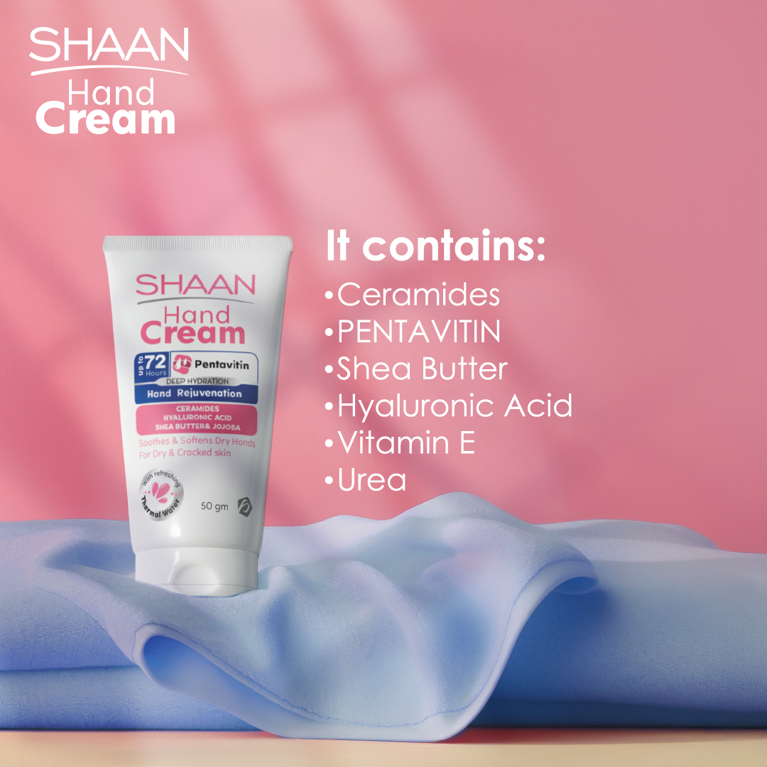 Shaan hand cream tube with ingredients listed.