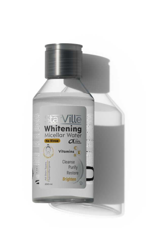 A bottle of StarVille Whitening Micellar Water, 200 ml, with label detailing product use for cleansing and brightening the skin.