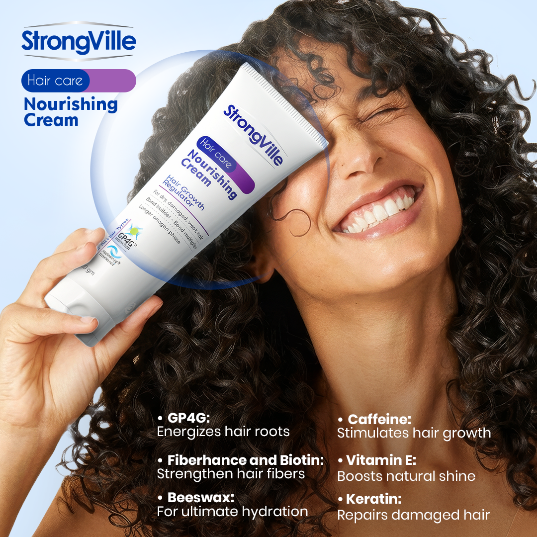 StrongVille Nourishing Cream with product features listed.