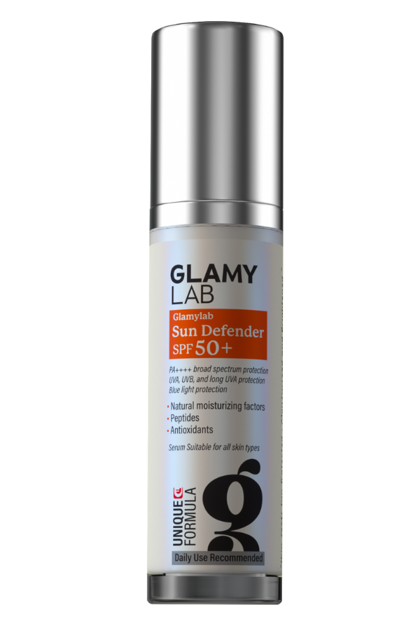 A pump bottle of GLAMY LAB Sun Defender SPF 50+ sunscreen.