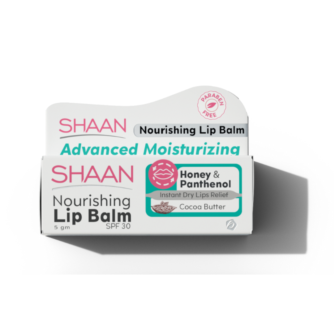 Packaging of Shaan Advanced Moisturizing Lip Balm with SPF 30, highlighting ingredients such as honey, panthenol, cocoa butter, and shea butter.
