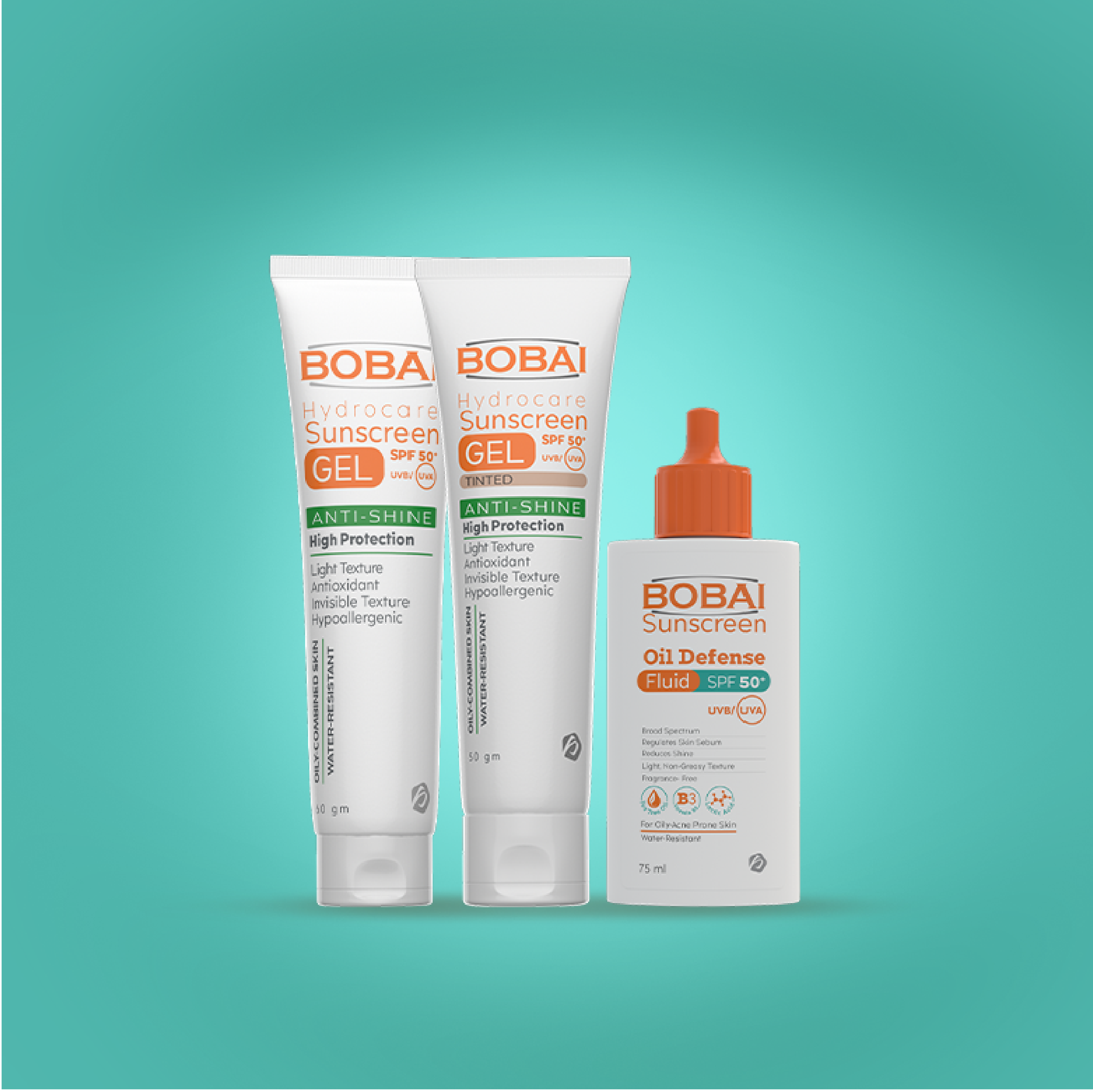 Bobai skincare products including Bobai hydrocare sunscreen gel spf 50+, Bobai hydrocare sunscreen tinted gel spf 50+ , Bobai oil defense