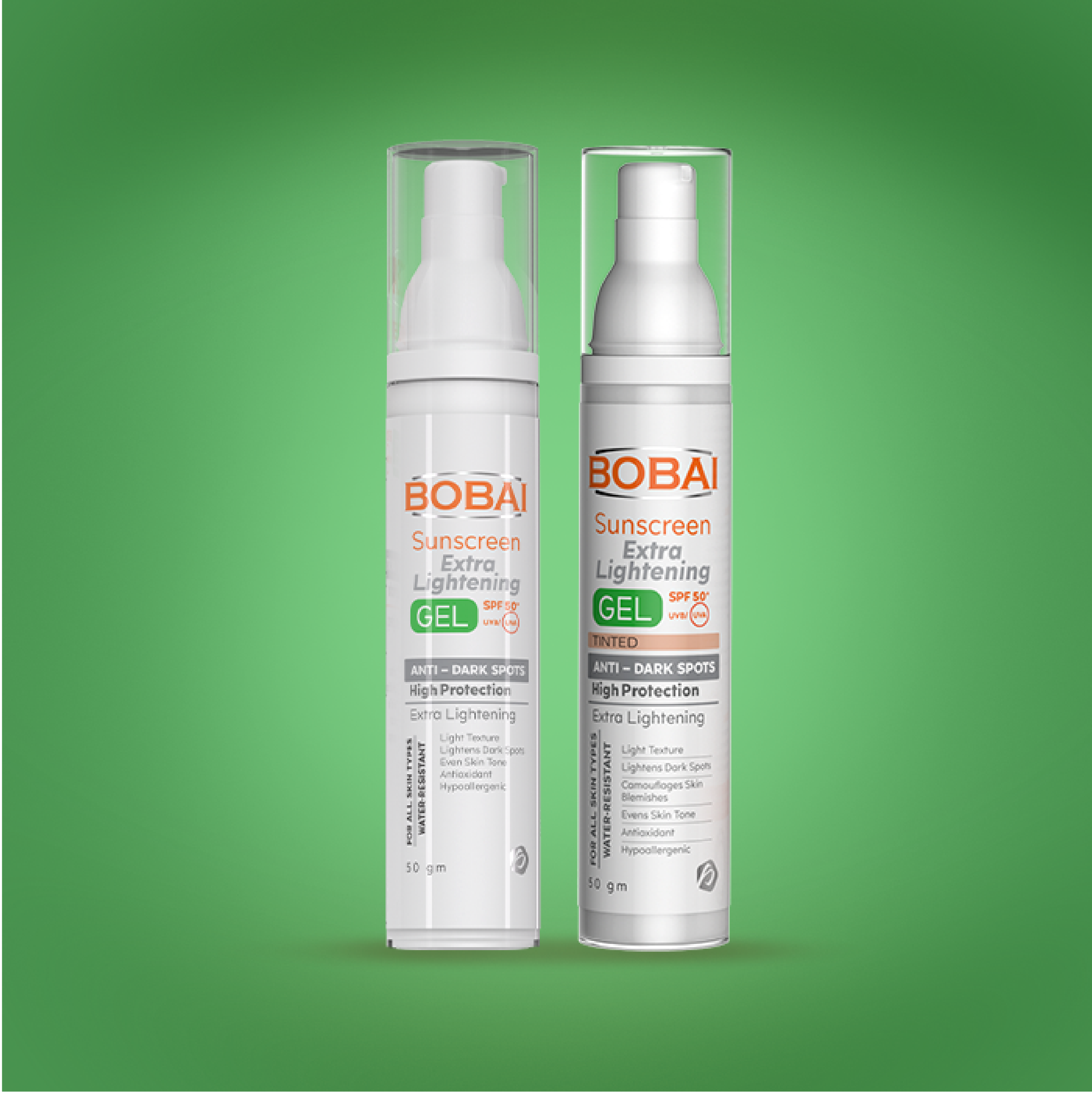 Two bottles of BOBAI sunscreen including bobai sunscreen extra lighting gel, and extra lighting tinted gel.