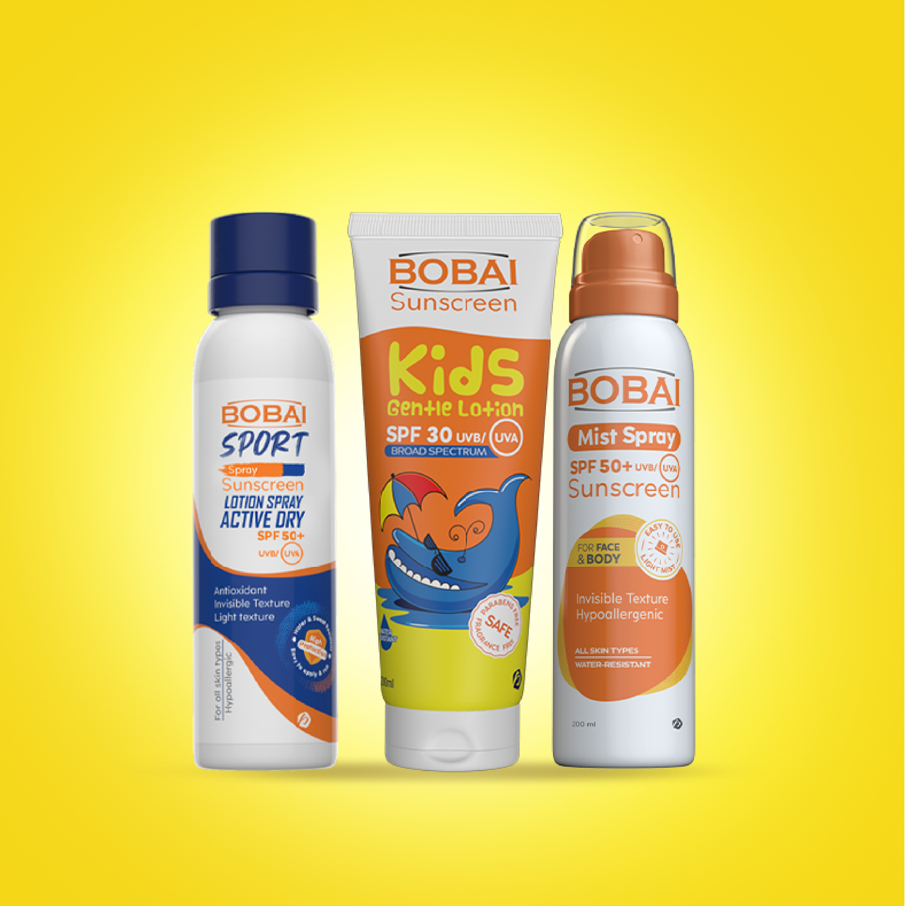 Three Bobai sunscreen products including Bobai sport, Bobai Kids Lotion, Bobai Mist Spray.