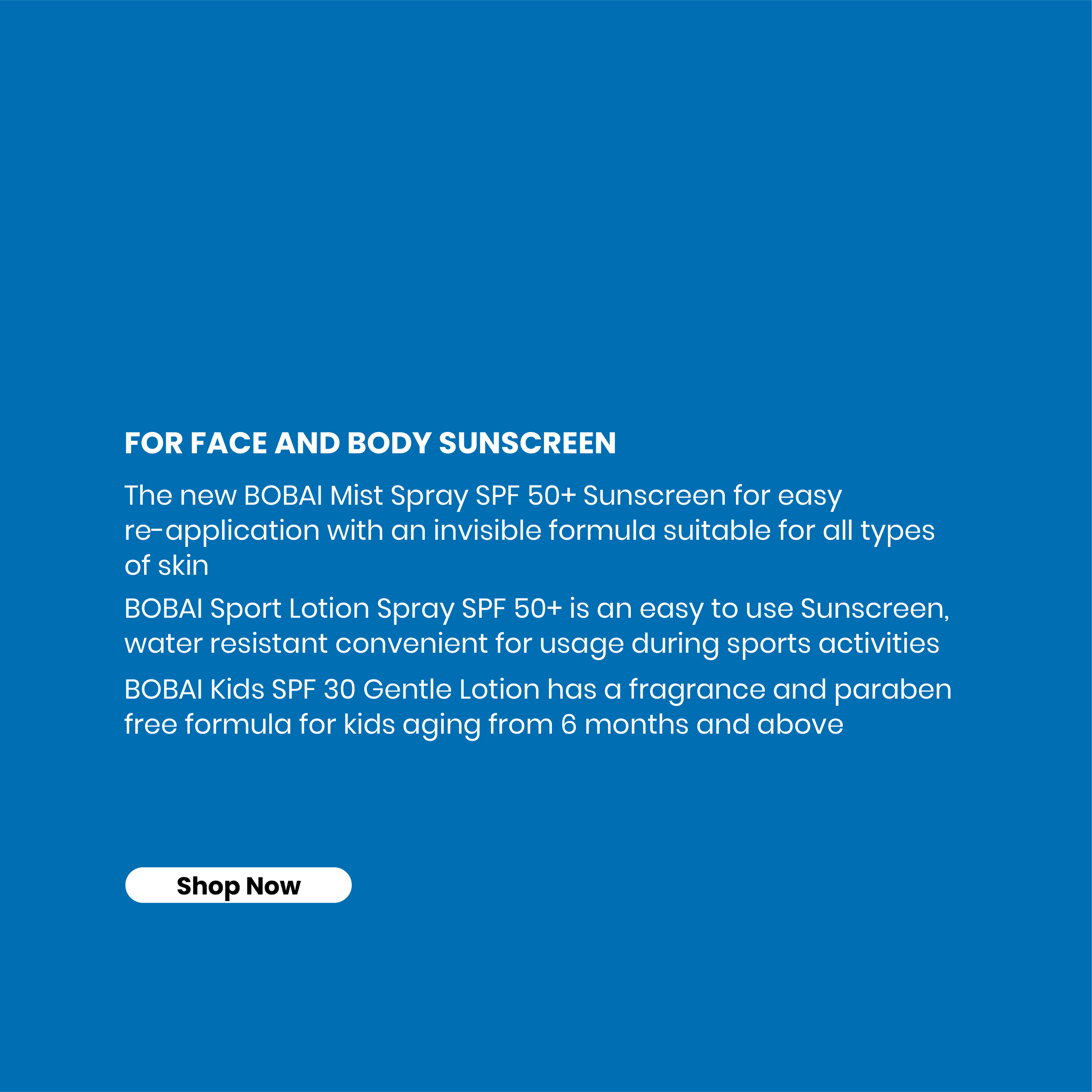 Promotional text for BOBAI sunscreen products 'for face and body sunscreen'