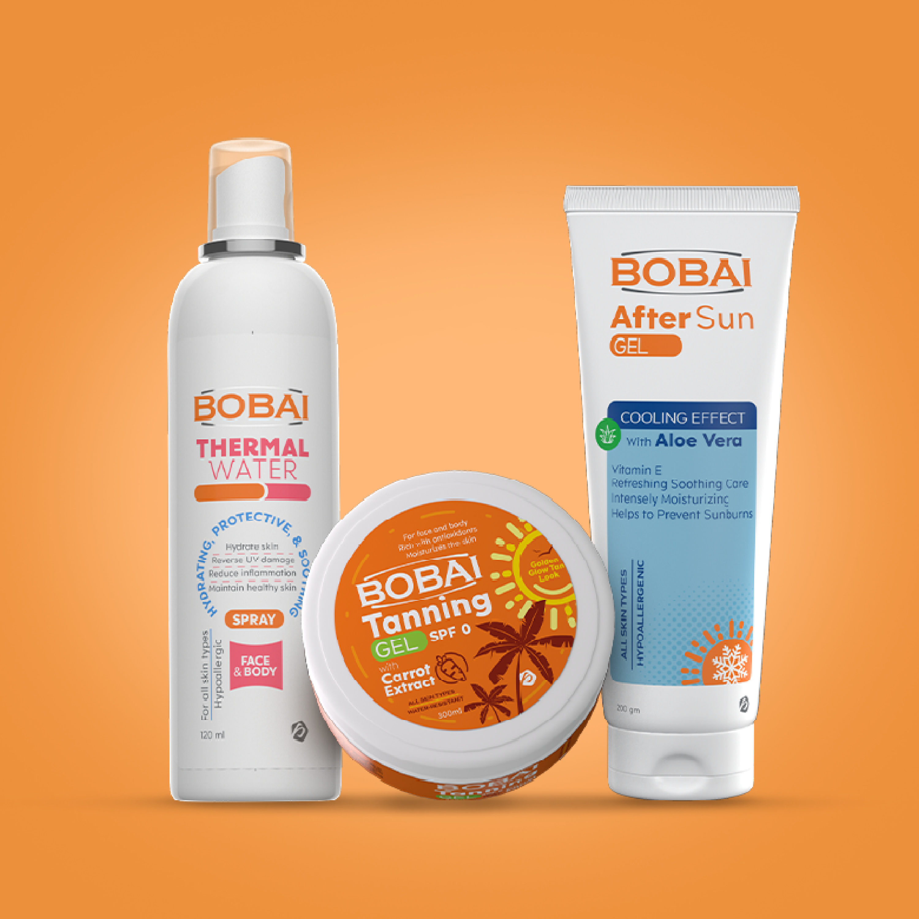 Bobai sun care products including tanning gel, after sun, thermal water.