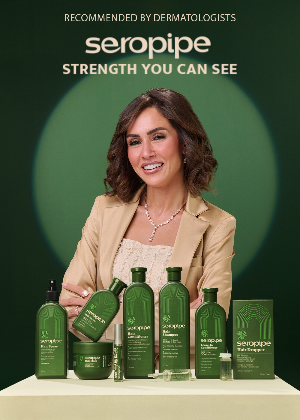 Woman with seropipe hair care products