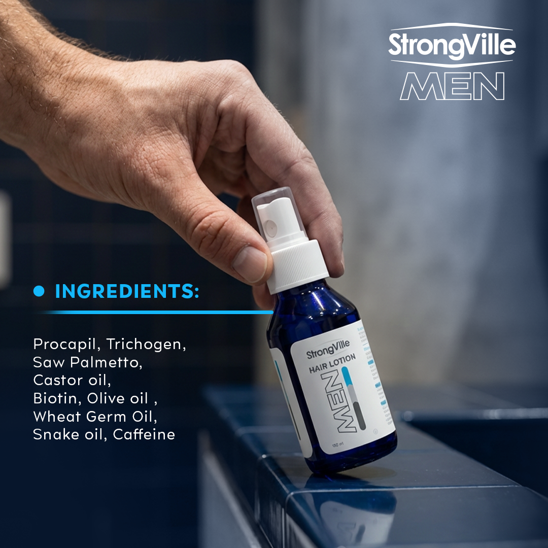 StrongVille Men hair lotion with the ingredients list displayed.