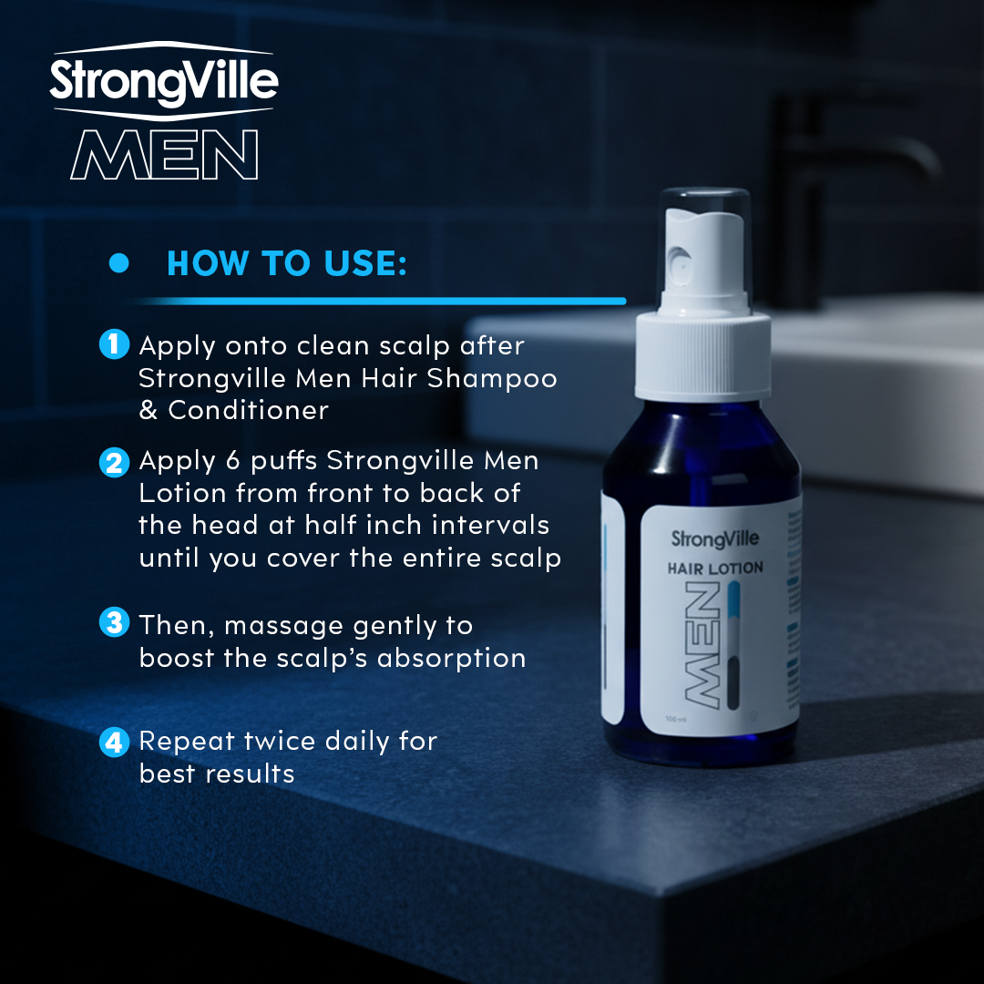Strongville Men hair lotion bottle with usage instructions