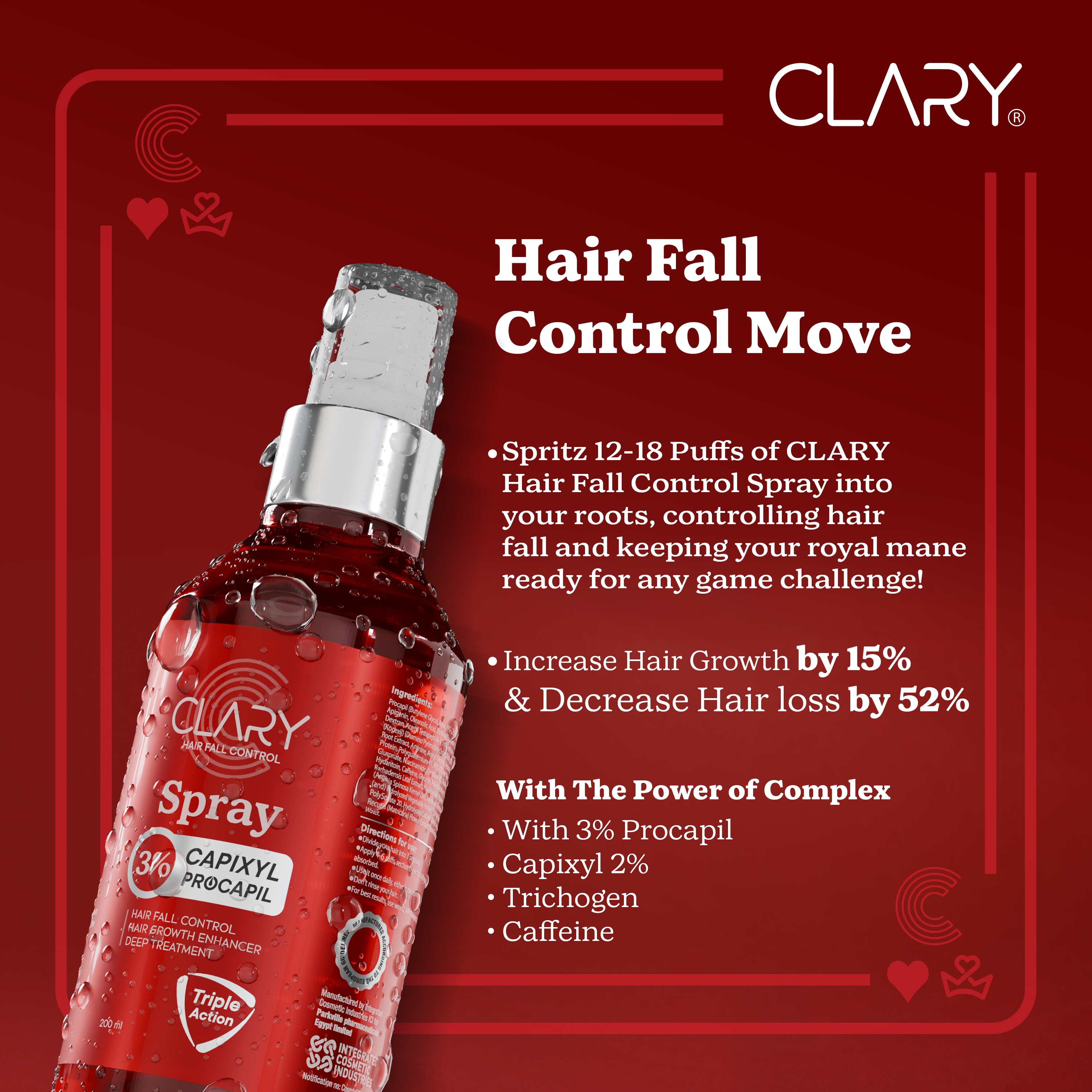 CLARY Hair Fall Control Move spray bottle with product details.