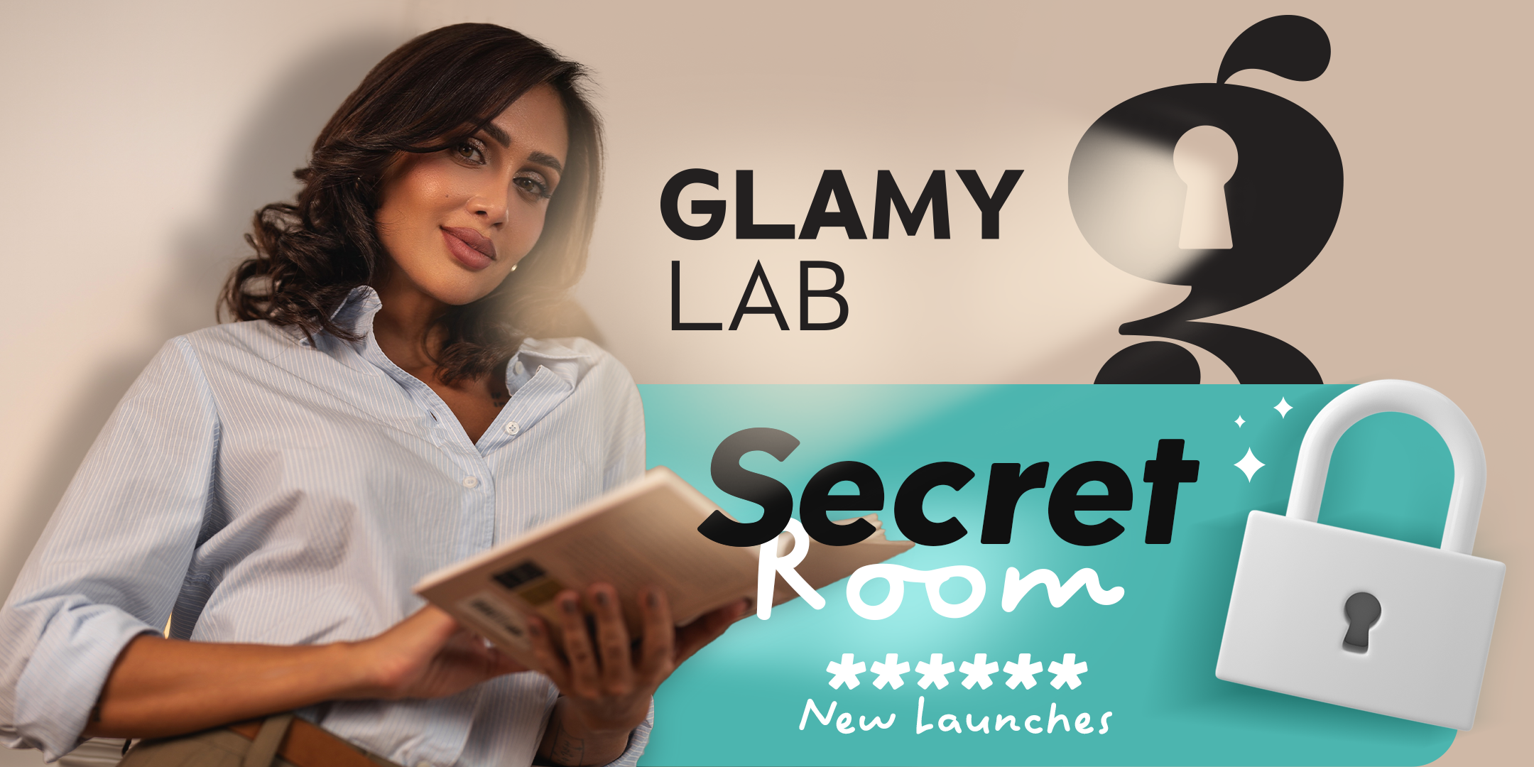 Woman holding a book with 'GLAMY LAB' and 'Secret Room' text and a lock icon.