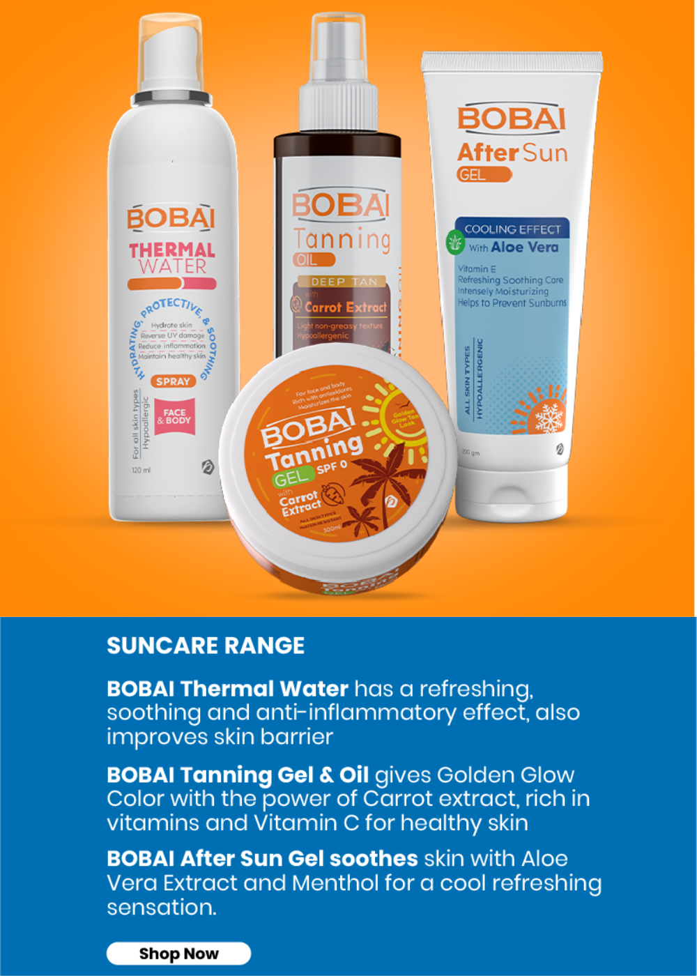 Bobai sun care products including tanning gel, tanning oil, after sun, thermal water with their uses.