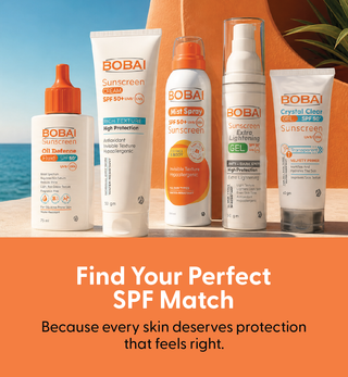 BOBAI Mist Spray 50+ Sunscreen, BOBAI Sunscreen Lip Protectant, and BOBAI Crystal Clear for broad-spectrum UV protection, anti-aging care, and daily sun defense.