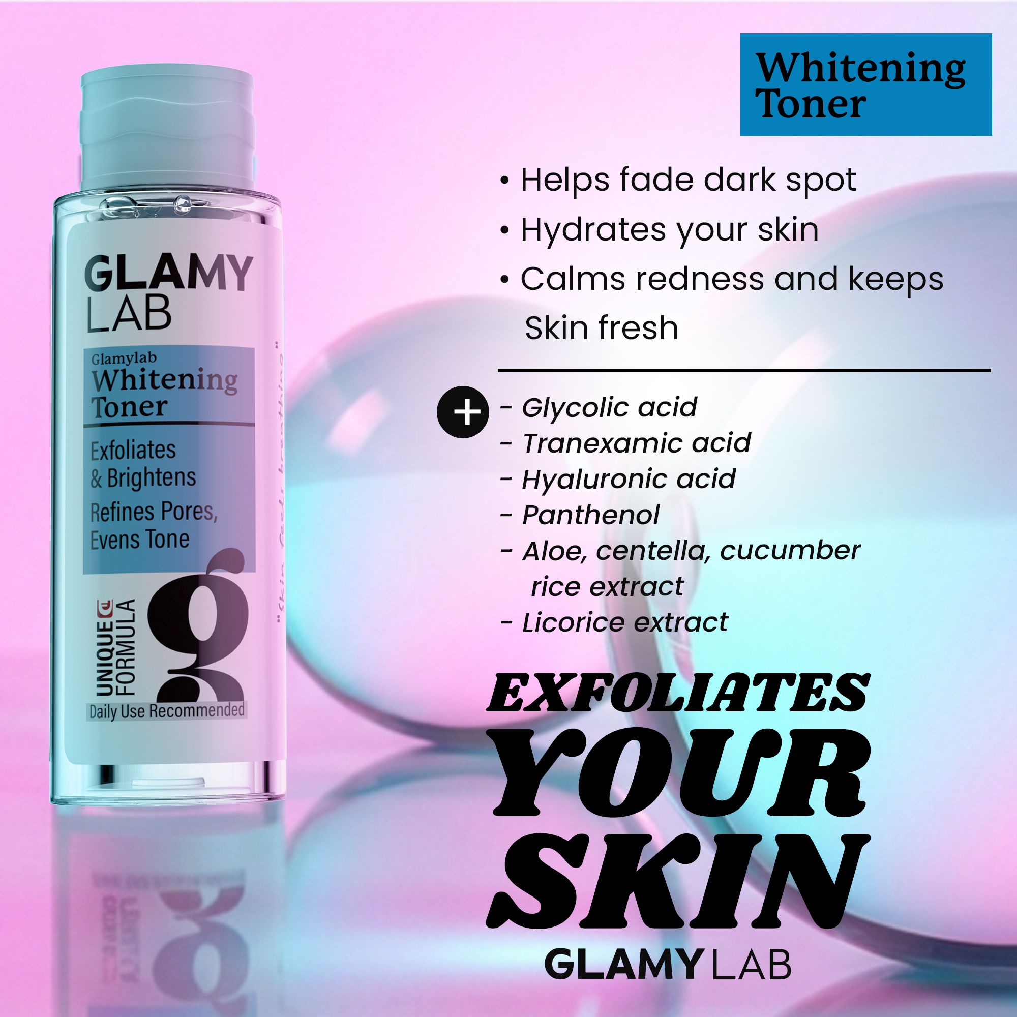 GLAMY LAB Whitening Toner bottle with product details 