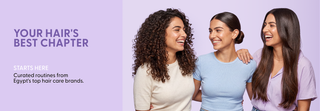 Three women with different hair types standing together with a promotional message about hair care 