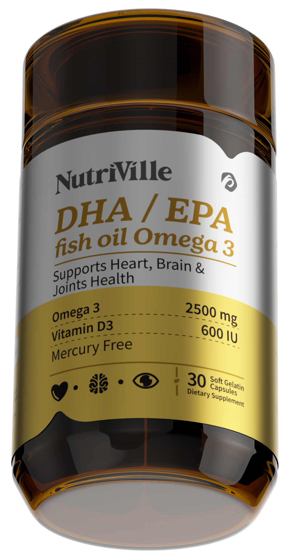 NutriVille DHA/EPA fish oil Omega 3 supplement bottle