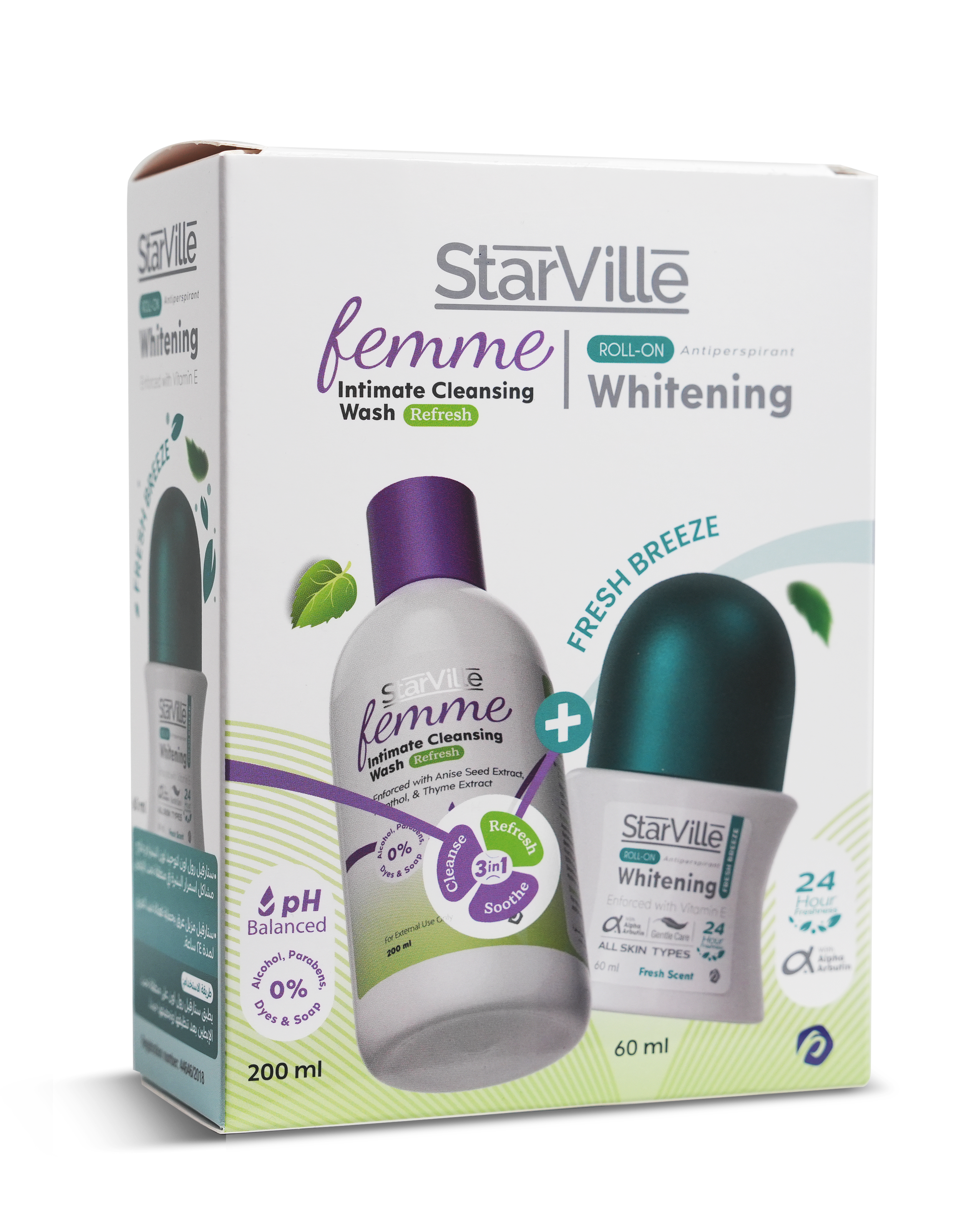 StarVille femme intimate cleansing wash packaging with starville whitening fresh breeze kit.
