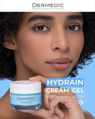 Advertisement for Dermedic Hydrain Cream-Gel with a woman holding the product.
