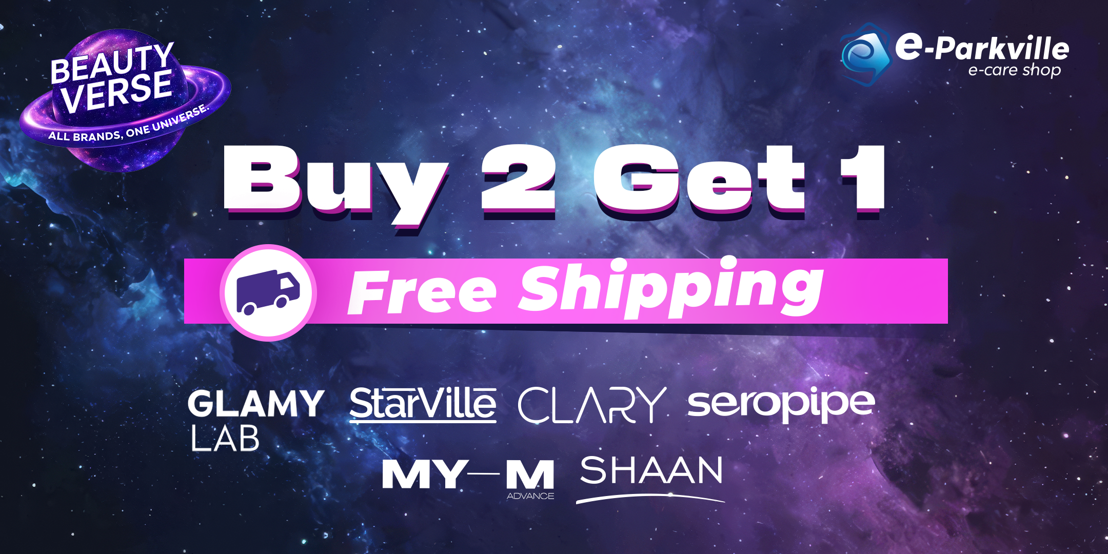 Promotional graphic for e-Parkville with 'Buy 2 Get 1 Free Shipping' offer 