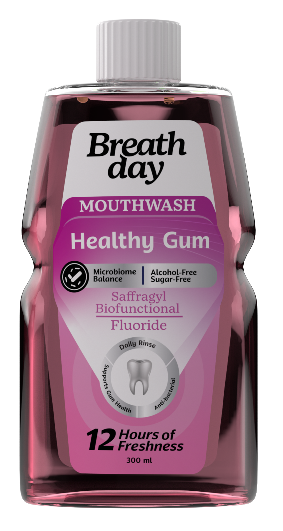 Bottle of Breath Day mouthwash with pink liquid 