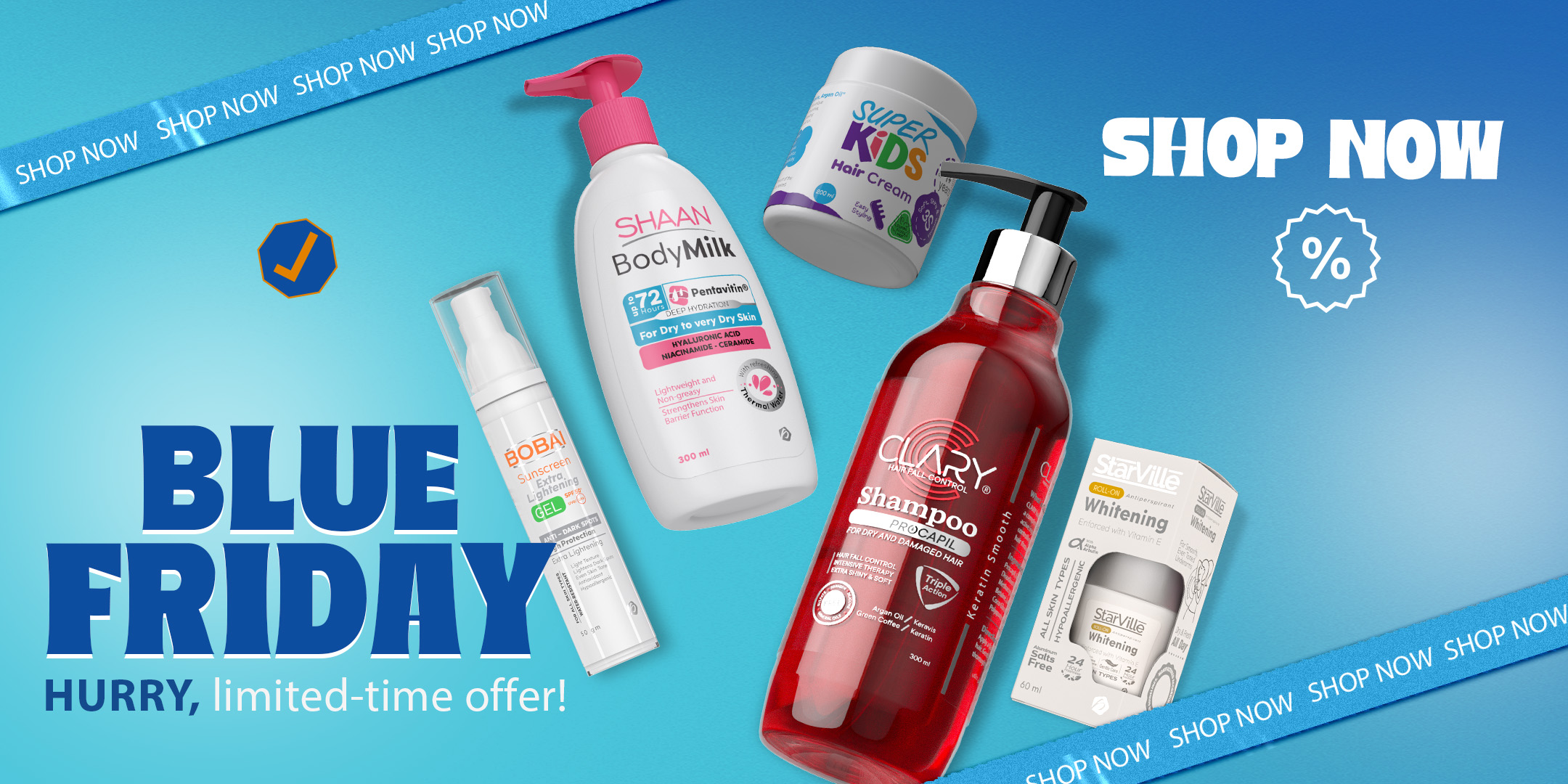 Promotional image of various personal care products with 'Shop Now' and 'Blue Friday' text.