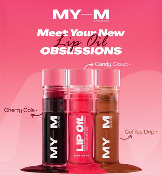 Promotional for MY-M lip oil, featuring three cylindrical lip oil tubes labeled Cherry Cola, Candy Cloud, and Coffee Drip.