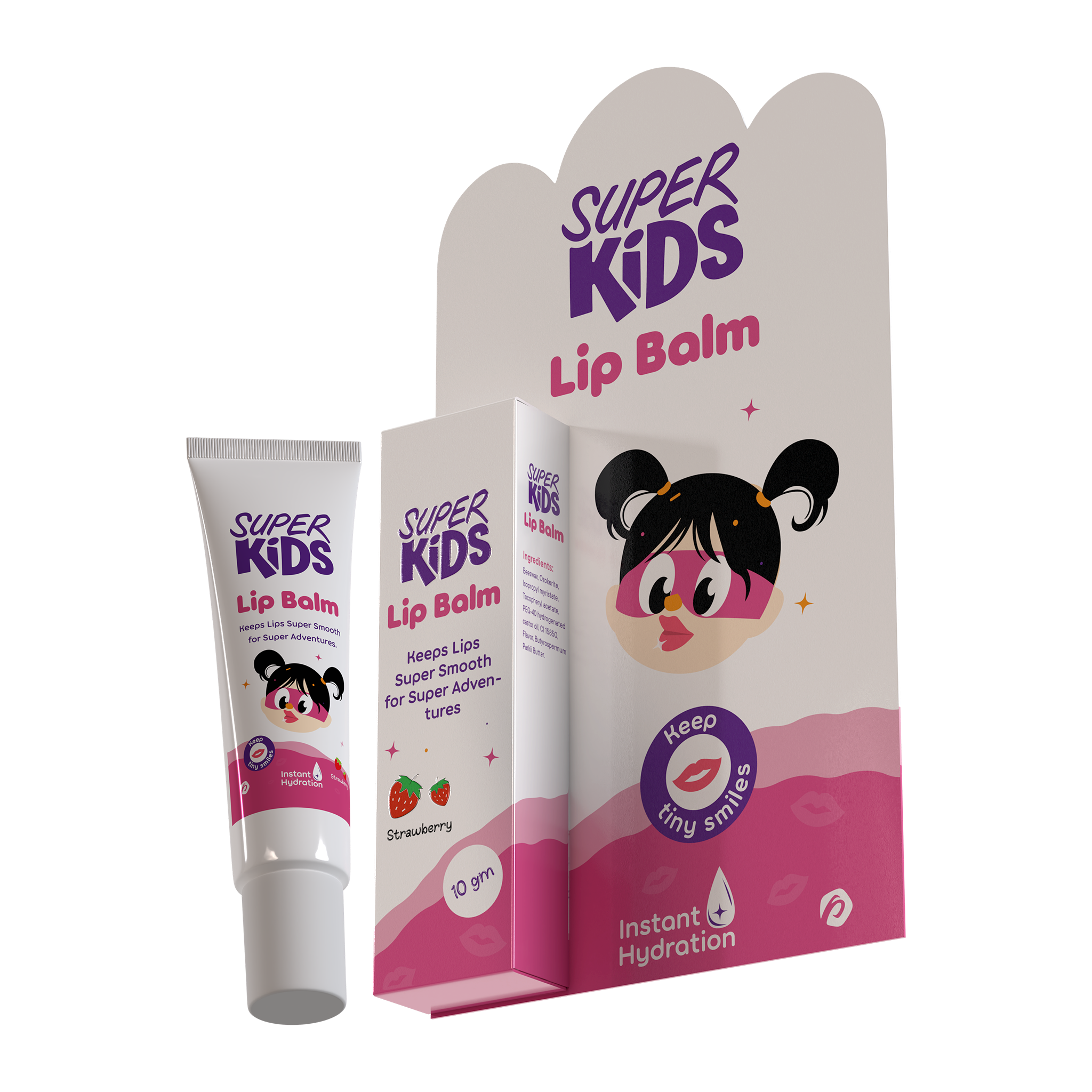 Super Kids lip balm packaging with a cartoon character 