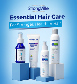 StrongVille hair care products: 'Essential hair care for stronger, healthier hair.'