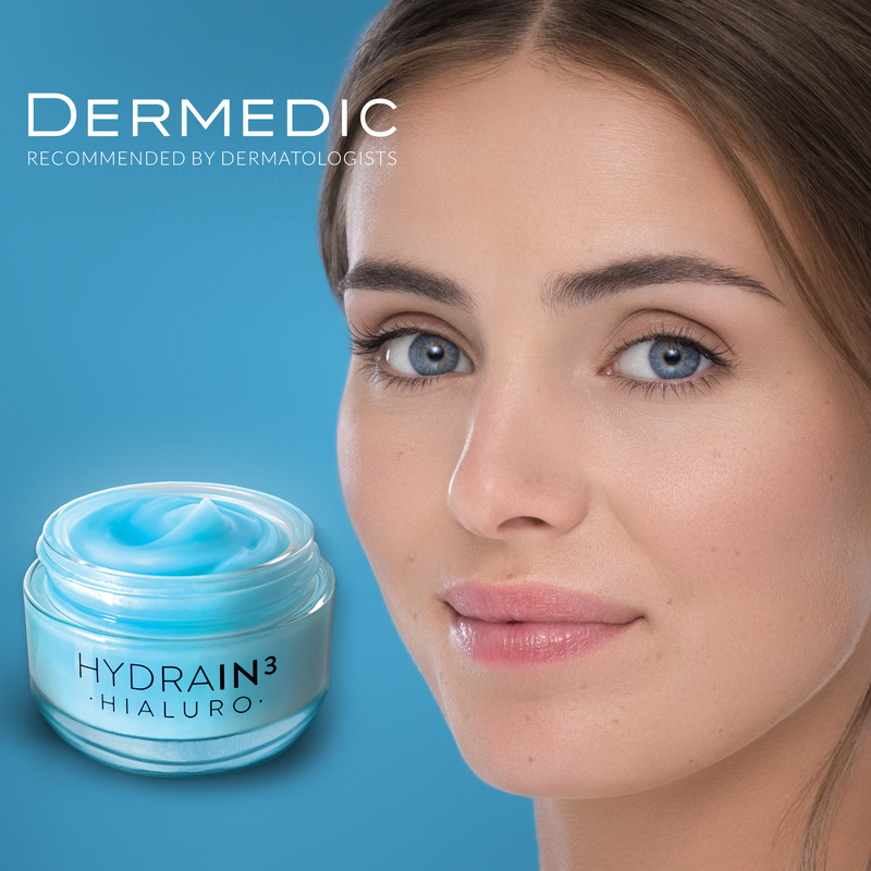 Woman's face with a jar of Dermedic Hydrain3 Hialuro cream 