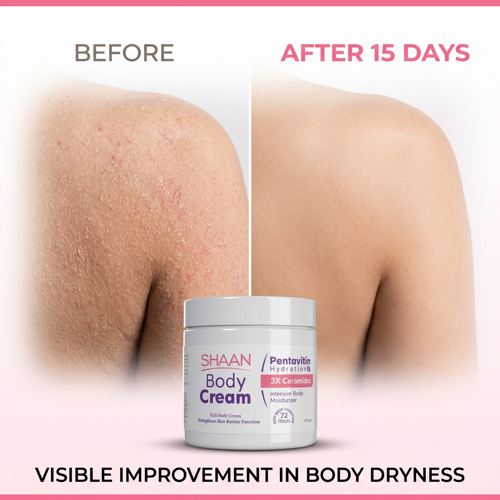 Before and after comparison of body dryness with Shaan Body Cream