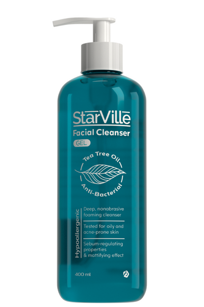 A pump bottle of Starville Acne Prone Skin Facial Cleanser with the text 'Tea Tree Oil' and 'Anti-Bacterial' highlighted on the label.