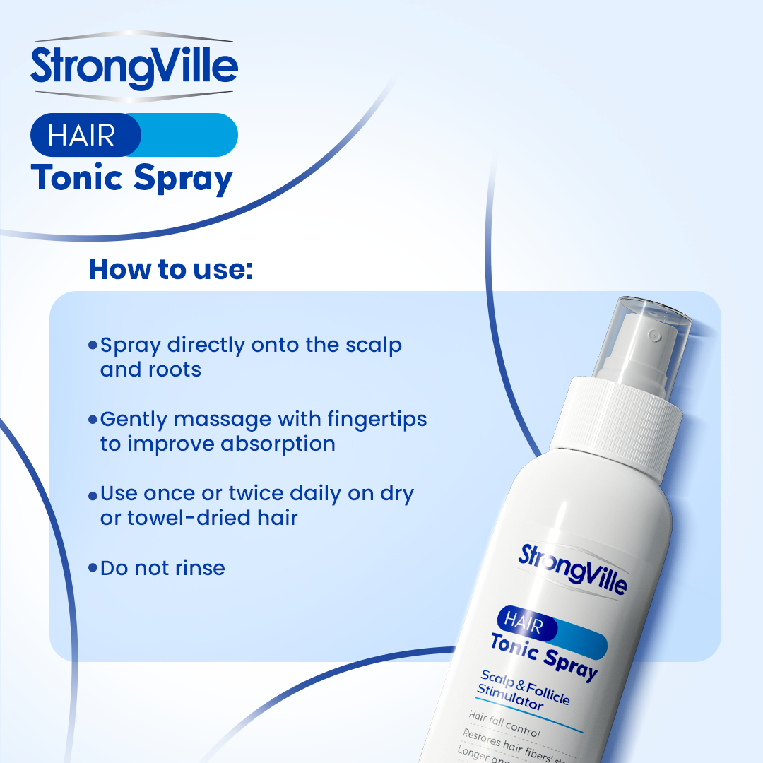 StrongVille Hair Tonic Spray bottle with how to use directions