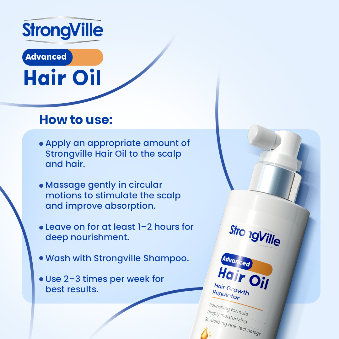 Strongville Advanced Hair Oil bottle with usage instructions 