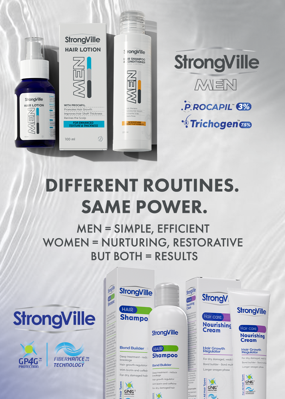 StrongVille men and women hair care product line with various bottles and boxes.