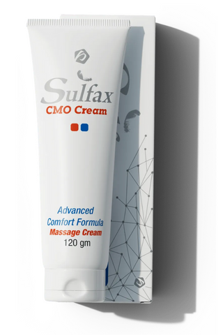 A tube of Sulfax CMO Cream, 120 gm, with packaging that includes the product name and indication that it is an advanced comfort formula massage cream.