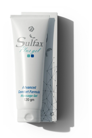 A tube of Sulfax Plus Gel, 60 gm size, with white and blue color scheme and branding details.