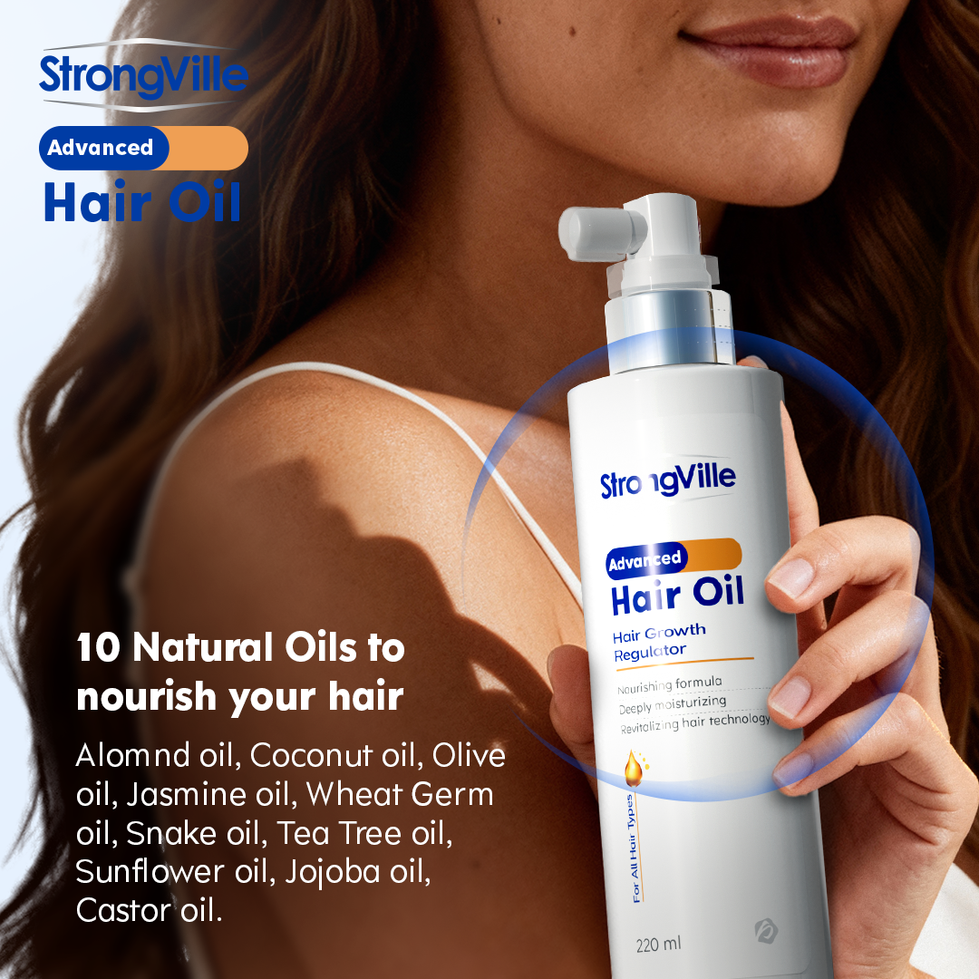 Woman holding a bottle of StrongVille Advanced Hair Oil with product details 